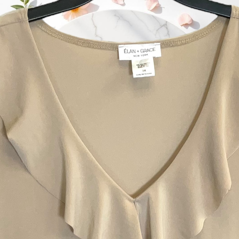 Elan & Grace NWT Tan Sleeveless Blouse w Ruffle Neckline/Front Women 3X - Picture 3 of 6